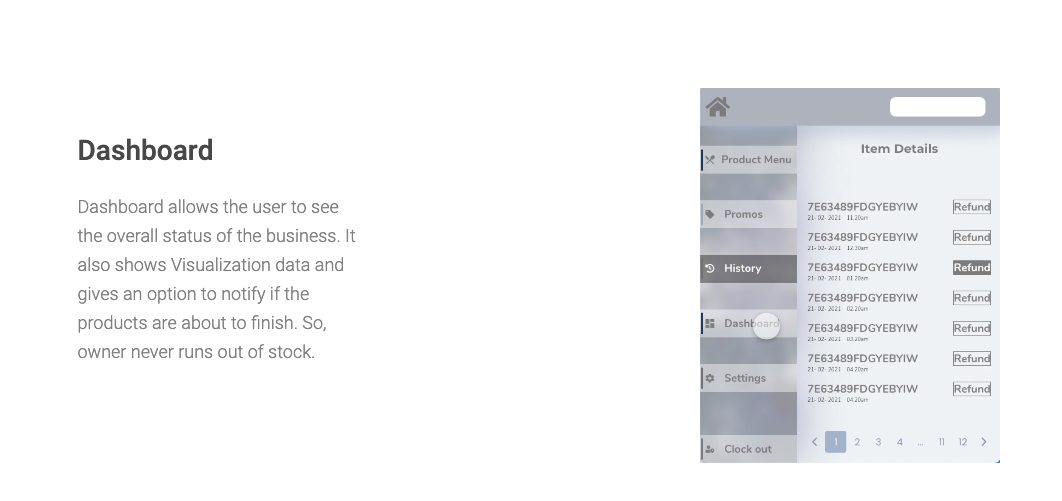 Product menu screen with category filters and item grid.